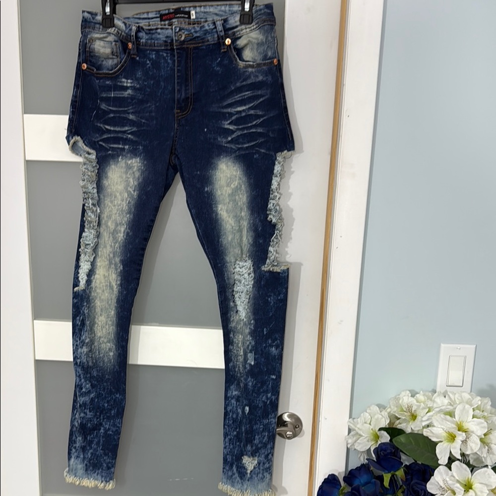 Mystique Boutique Blue Skinny Jeans Distressed Design